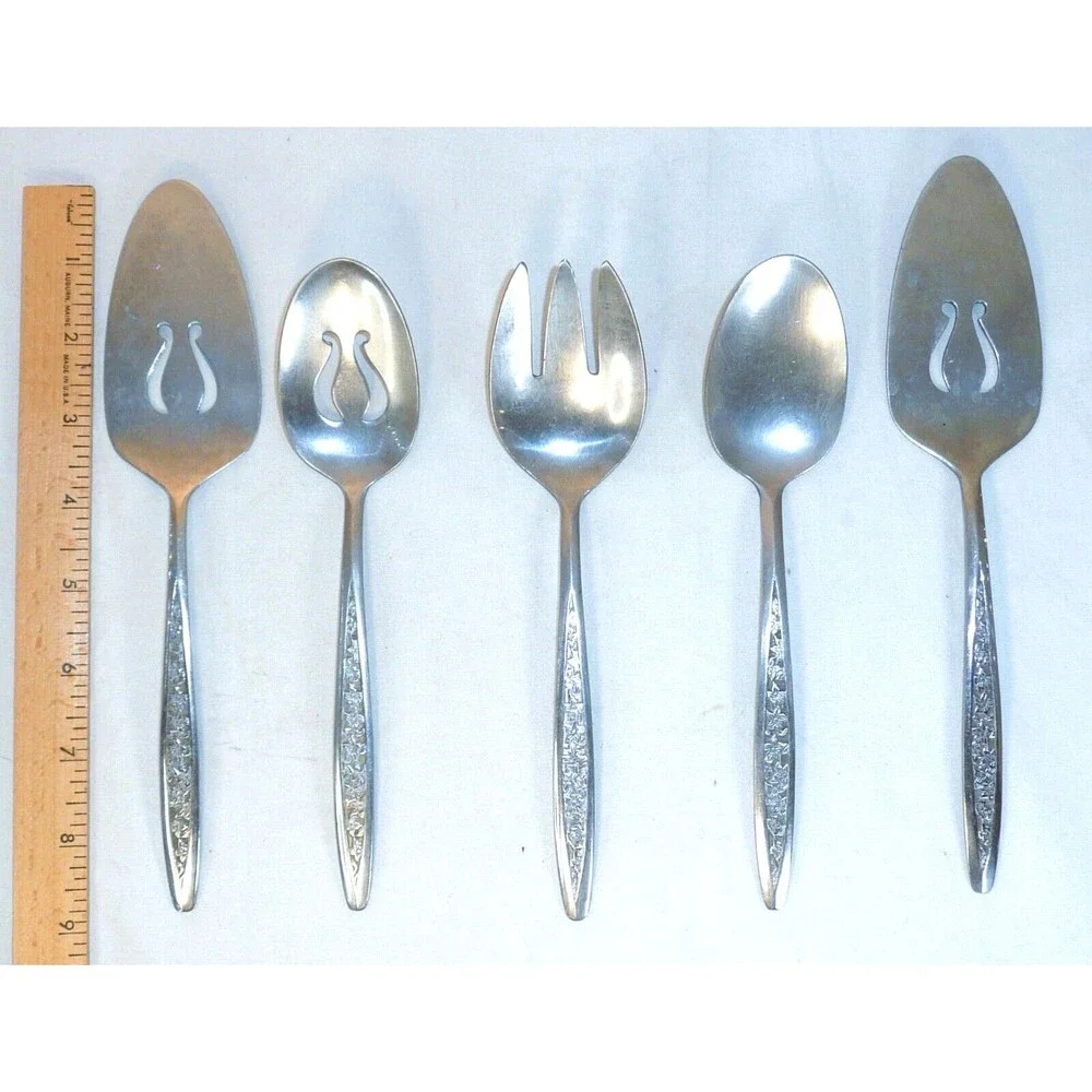 VTG Set of 5 Customcraft Petal Lane Serving Spoons Pie Floral Stainless Taiwan